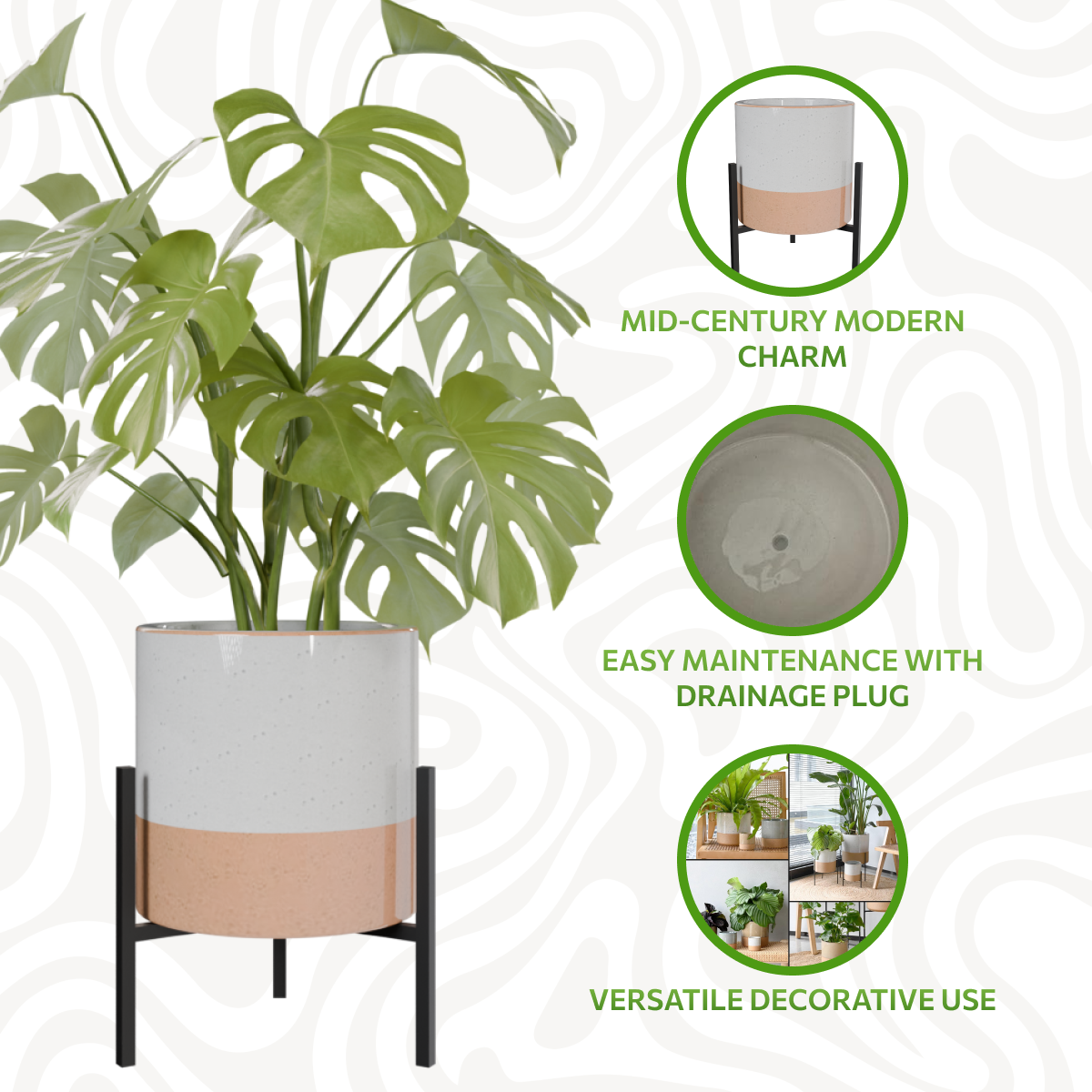 23 Bees Mid-Century Modern Ceramic Planter with Plant Stand Indoor Decorative Plant Pot with Stand in Earthy Beige and White Glaze, Black Metal Stand (Large 16 inch plant pot, Three sizes) (Small)