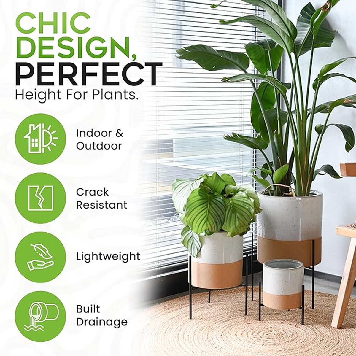 23 Bees Mid-Century Modern Ceramic Planter with Plant Stand Indoor Decorative Plant Pot with Stand in Earthy Beige and White Glaze, Black Metal Stand (Large 16 inch plant pot, Three sizes) (Small)