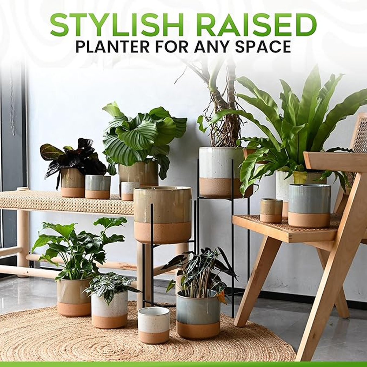 23 Bees Mid-Century Modern Ceramic Planter with Plant Stand Indoor Decorative Plant Pot with Stand in Earthy Beige and White Glaze, Black Metal Stand (Large 16 inch plant pot, Three sizes) (Small)