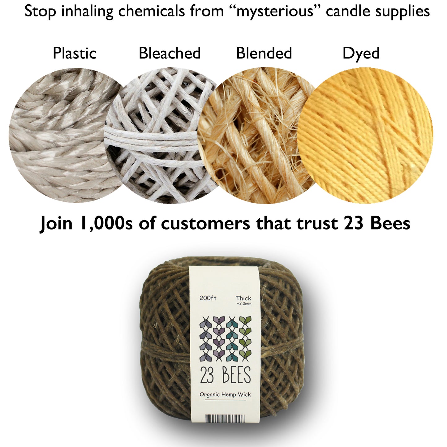 2mm Organic Hemp Candle Wick (Beeswax Coated) + Wick Sustainer Tabs