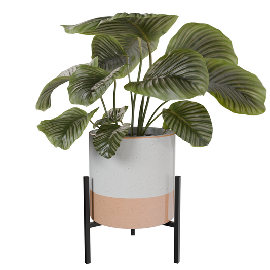 23 Bees Mid-Century Modern Ceramic Planter with Plant Stand Indoor Decorative Plant Pot with Stand in Earthy Beige and White Glaze, Black Metal Stand (Large 16 inch plant pot, Three sizes) (Small)