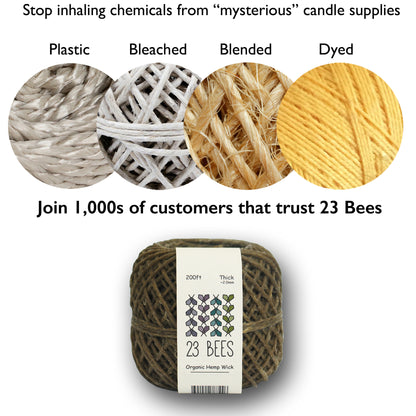 2mm Organic Hemp Candle Wick (Beeswax Coated) + Wick Sustainer Tabs